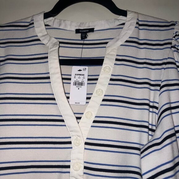 NWT Express off white blue stripe puff 3/4 sleeve henley shirt top woman's M - Picture 4 of 7